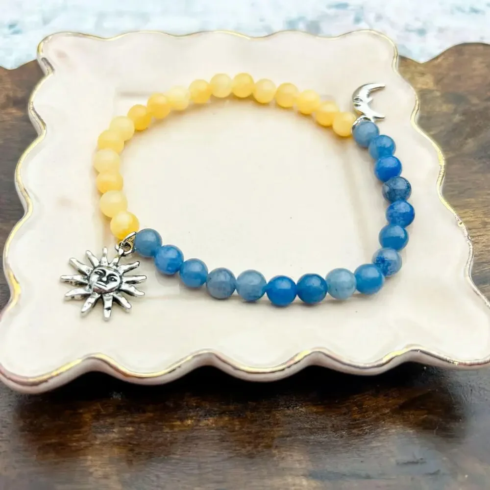 Sun Moon Bracelet Blue Aventurine Yellow Jade Stretch Beaded Celestial Jewelry